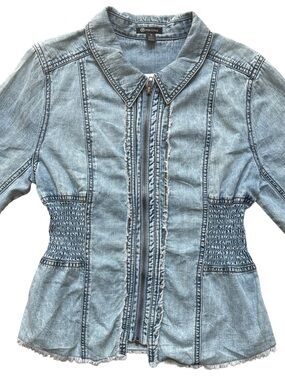 NWT VERSONA LIGHT BLUE CINCHED ZIP FRONT DENIM LONG SLEEVE TOP SIZE S